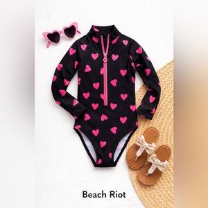 Beach Riot Charlie Rashguard Swimsuit 2T Black Pink Hearts One Piece